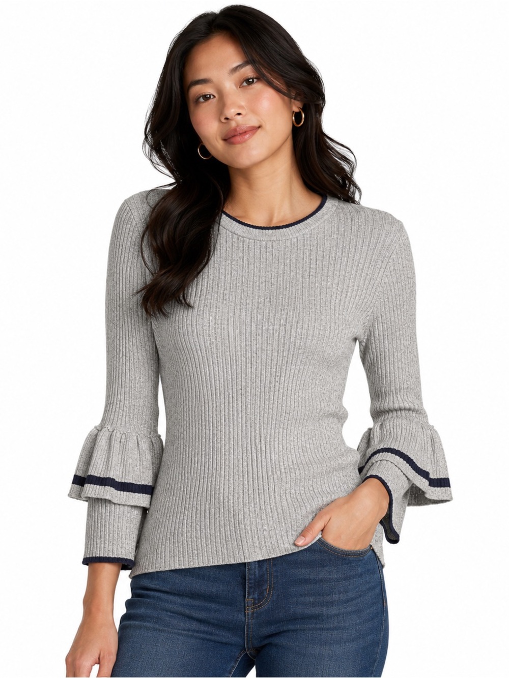 Frame Ribbed Thin Knit Ruffle Cuff Wool Blend Sweater Size Large Grey Navy